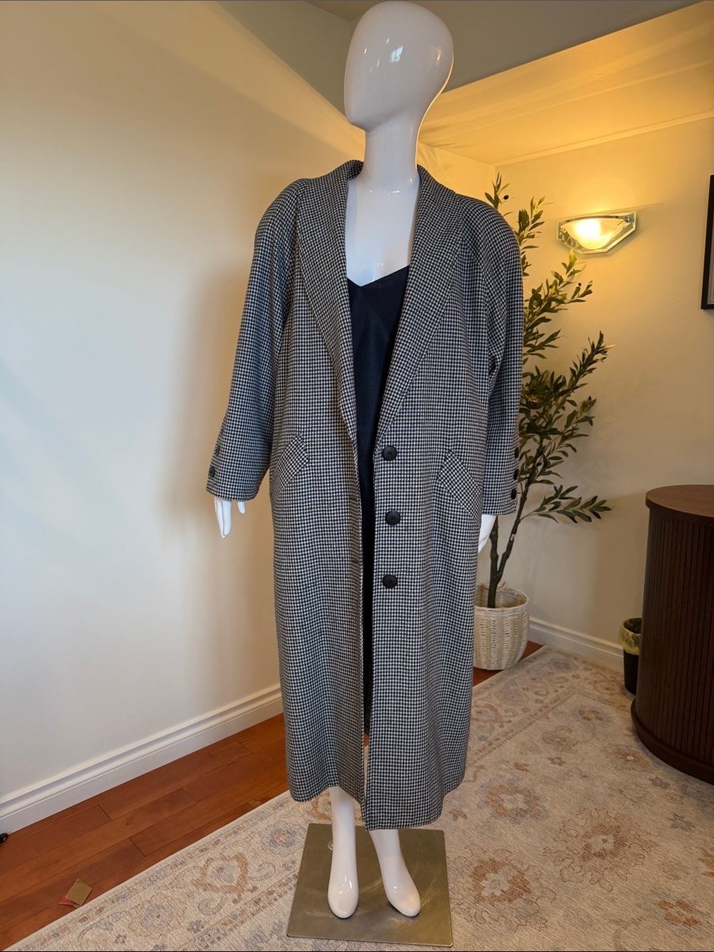 Vintage Houndstooth Longline Coat Blazer Oversized Shoulder Pads